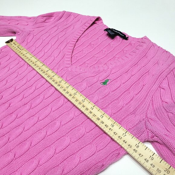 Ralph Lauren Sport Womens Cotton Cable Knit Sweater Size M Pink V-Neck Preppy - Picture 6 of 9